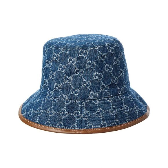 Gucci Gg Denim Leather-Trim Bucket Hat Blue